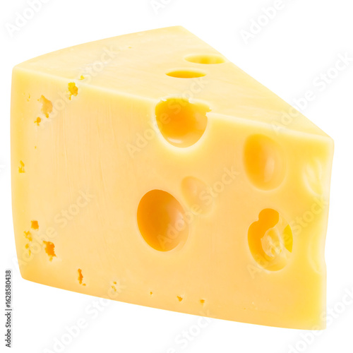 Yellow porous cheese wedge, swiss delicacy, dairy product on transparent background