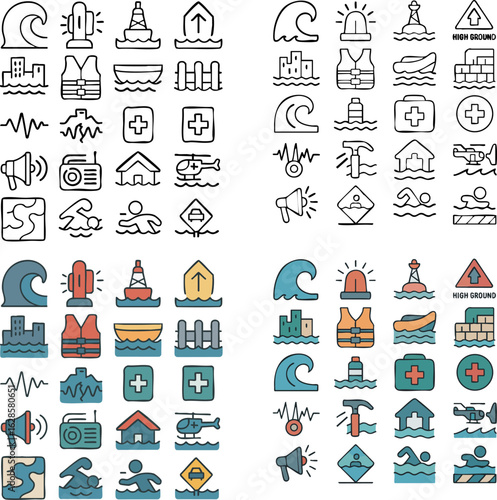 Flood Emergency Response Icons Set.