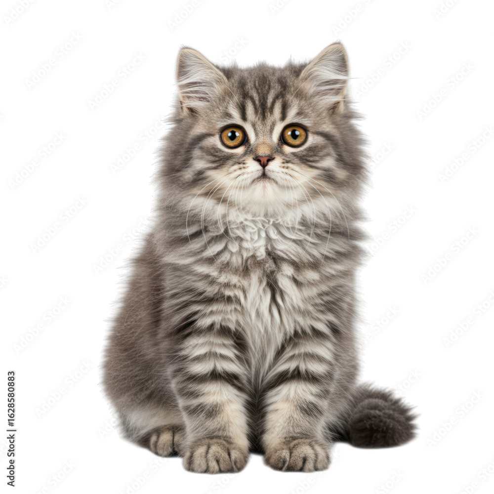 Fototapeta premium Grey tabby kitten sitting and looking forward isolated on transparent background