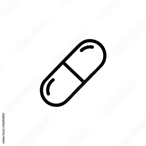 A sleek minimalist outline icon of a medical capsule, symbolizing modern healthcare, pharmaceutical treatment, and wellness solutions for digital applications and web design.