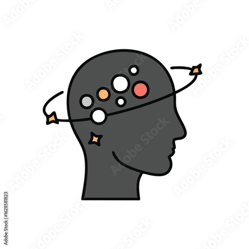 An abstract illustration depicts a human head with orbiting celestial bodies, symbolizing a dizzying array of thoughts, ideas, or mental confusion and disorientation.