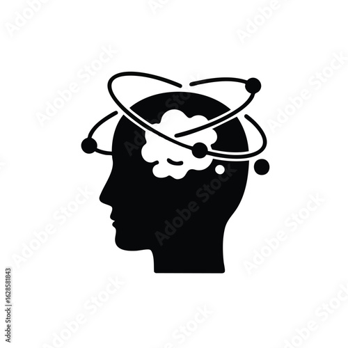 A stark black silhouette of a human head depicts a swirling, chaotic mind, symbolizing confusion, disorientation, or mental distress.