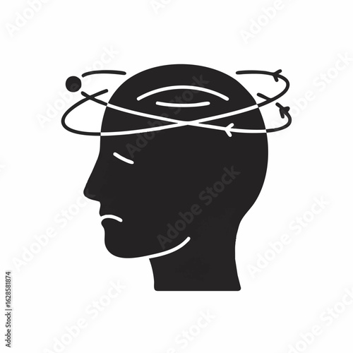 A sleek black silhouette portrays a human head experiencing profound dizziness and overwhelming confusion, symbolizing mental stress, disorientation, or a complex thought.
