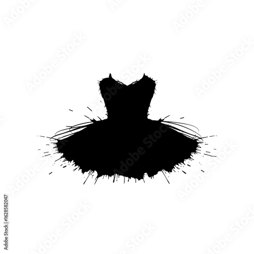 Ballet dress illustration with ink splashes, elegant, artistic, black design.
