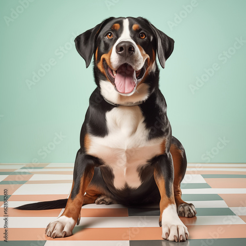 A delighted Greater Swiss Mountain Dog sitting on a colorful tiled floor