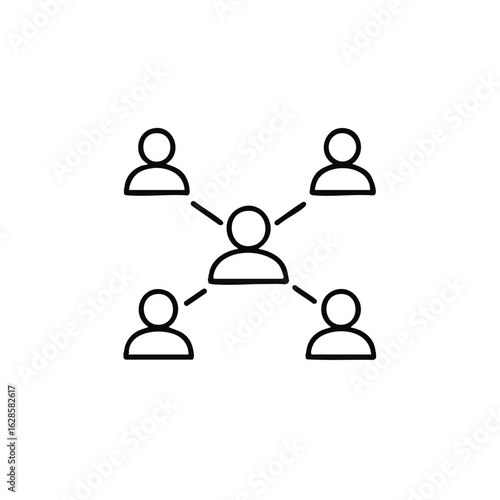 A clear line icon depicts a central figure connected to four surrounding individuals, symbolizing robust social networking and collaborative community structures.