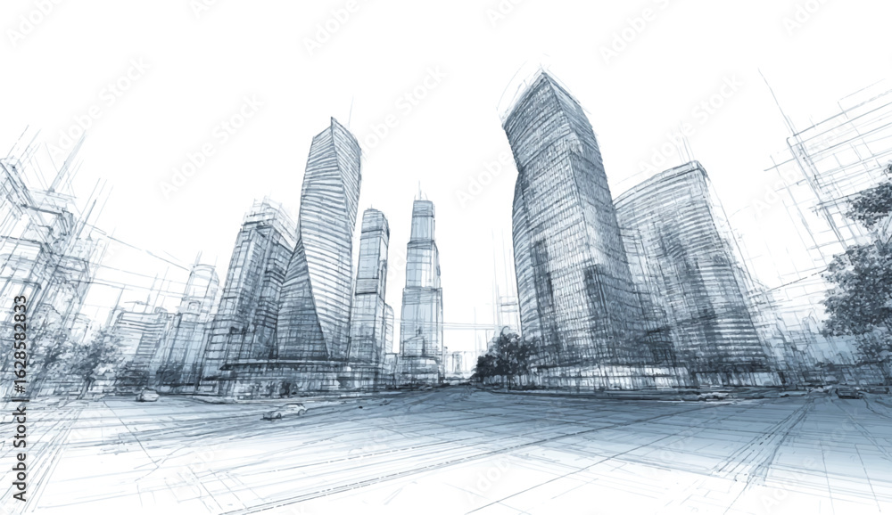 Fototapeta premium Architectural Sketch of Modern City Skyline with Skyscrapers and Urban Environment Conceptual Design Illustration with Detailed Lines and Perspective