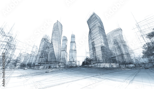 Architectural Sketch of Modern City Skyline with Skyscrapers and Urban Environment Conceptual Design Illustration with Detailed Lines and Perspective