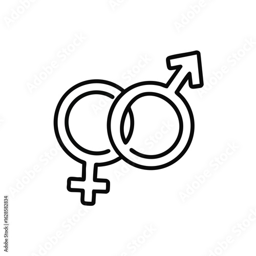 A clear black outline icon depicts the intertwined male and female gender symbols, representing concepts of identity, equality, and human relationships.