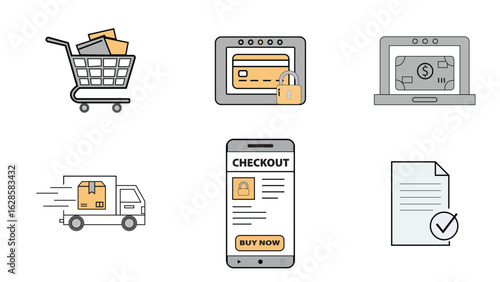 E-commerce and Online Shopping Process Icons Set

