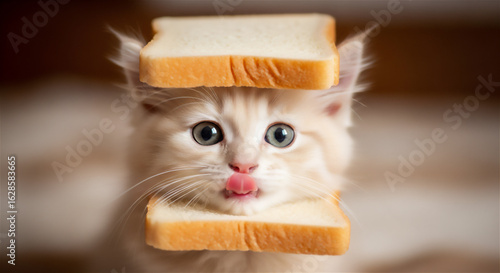 食パンに挟まれた子猫のユニークなポートレート