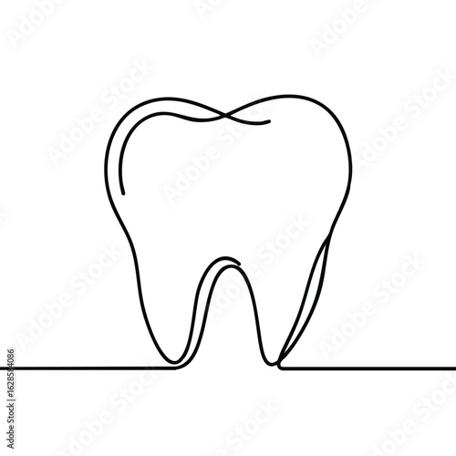 A minimalist continuous line drawing elegantly illustrates a healthy human tooth, symbolizing dental care, oral hygiene, and professional dentistry services.