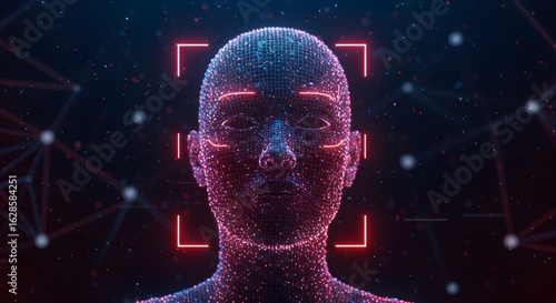 Generated image of futuristic facial recognition technology with a digital human head made of particles being scanned for security and identification.