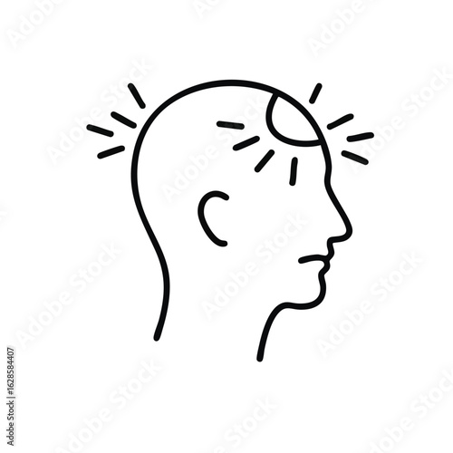 Simple black line art illustration depicting a human head experiencing a severe headache or migraine, symbolizing pain, stress, and discomfort.