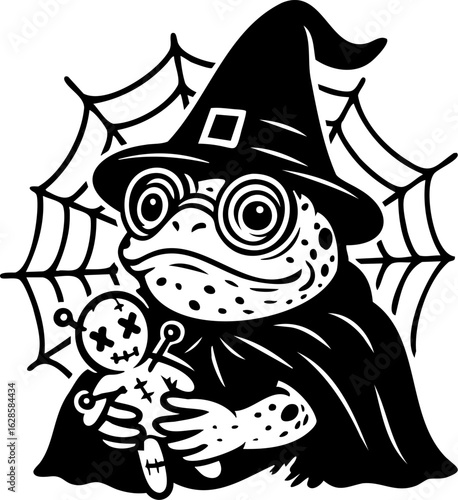 Halloween frog in witch hat holding voodoo doll with spiderweb — black and white vector illustration