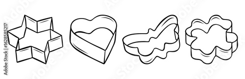 Playful black and white doodle-style cookie cutter vector set for bakery branding. Hand-drawn sketch icons of various baking shapes including hearts, stars butterfly, flower