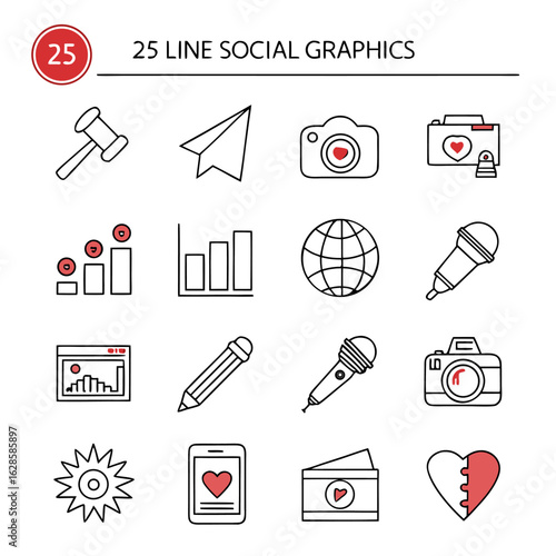 Illustration of twenty five line social graphics including camera microphone globe and other line icons