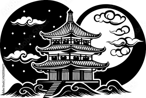 Classic pagoda silhouette with moon and floating clouds vector illustration