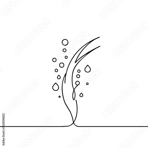 A minimalist continuous line drawing elegantly portrays a single strand of hair being washed, surrounded by effervescent bubbles and refreshing water droplets.