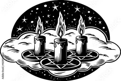 Floating candles and magical spell symbols in a night sky vector illustration