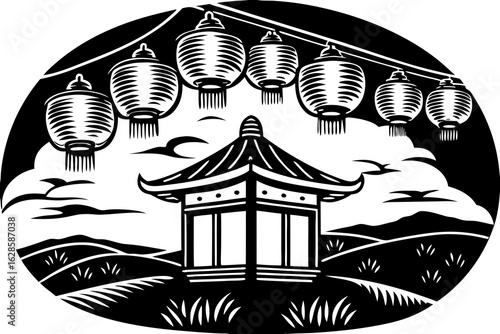 Lanterns swinging in the wind near a minimalist pagoda vector illustration