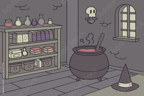 A mystical potion lab with witch tools and glowing candles vector illustration