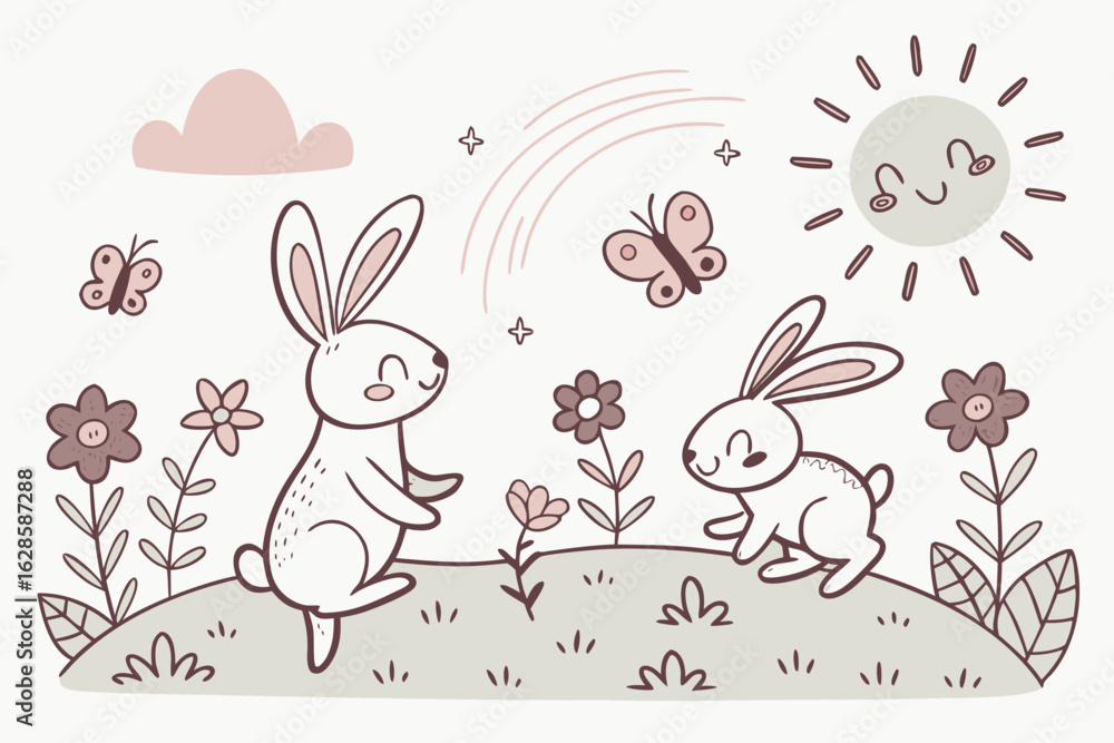 Obraz premium A springtime doodle pattern with rabbits and sunshine vector illustration