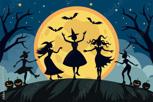Silhouettes of witches dancing together under the moonlight vector illustration