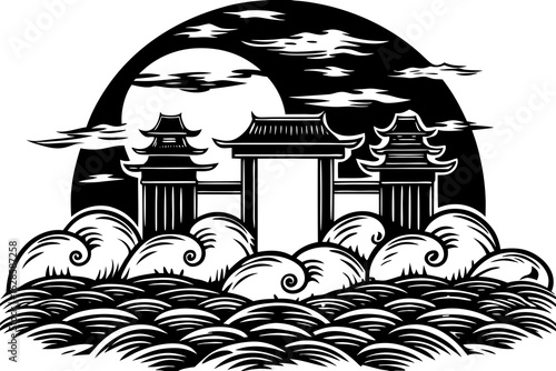 Silhouette of ancient temple gates with moon and mist vector illustration