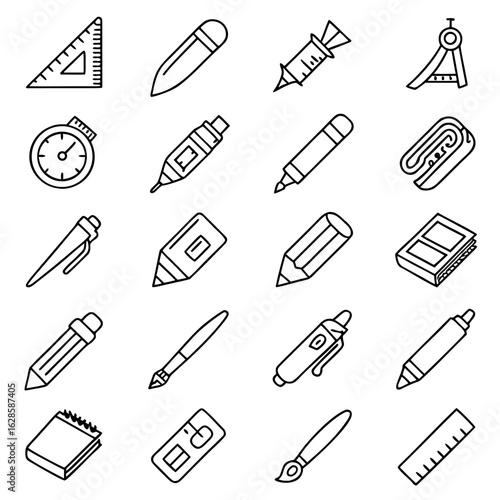 Illustration of various stationery items including pens pencils ruler and other drawing instruments tools and supplies