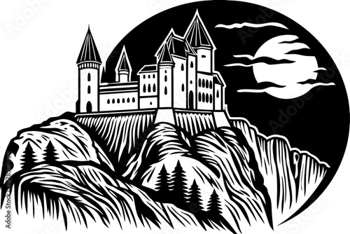 A vampire castle perched on a cliff during the night vector illustration