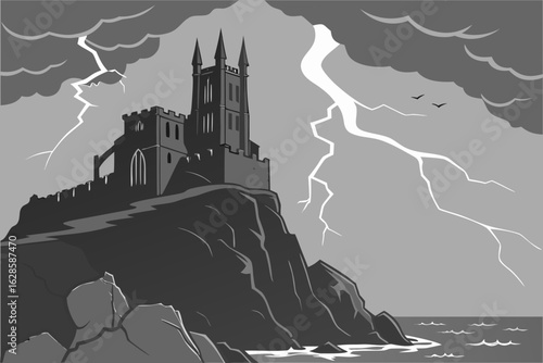 A vampire's castle on a cliffside with lightning bolts striking vector illustration