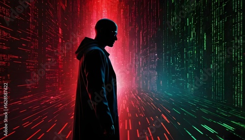 Futuristic concept of a programmer silhouetted in a digital world with red and green light from streaming data code.