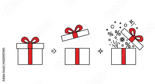 Vector illustration of gift box opening sequence with red ribbon and bow, isolated on white background