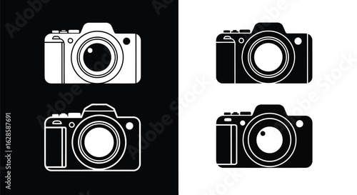 Vector illustration of set of camera icons, vintage and modern dslr and slr photography equipment, isolated on black and white background