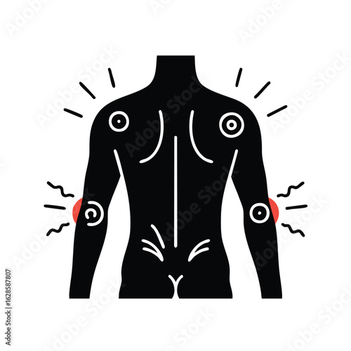 An illustrated depiction of a human body with highlighted areas indicating pain, discomfort, and potential health concerns, showcasing medical awareness.