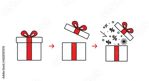 Vector illustration of illustration showing a gift box opening to reveal a surprise with percentage signs, symbolizing a sale or discount