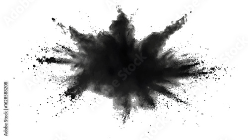 Abstract powder splatted on white background, Black vibrant paint black powder explosion with dark colors isolated white background.