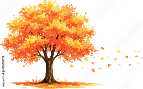 Vibrant autumn tree with falling leaves, colorful foliage, seasonal illustration, nature artwork, perfect for autumn designs, stock image template