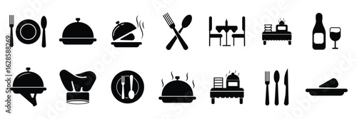 Cooking icon, Kitchen, Restaurant icon, vector set. Silhouett of kitchenware, Cooking, icon vector. Meal, cooking, menu, restaurant, food delivery, fast food and dinner icons. Vector illustration.