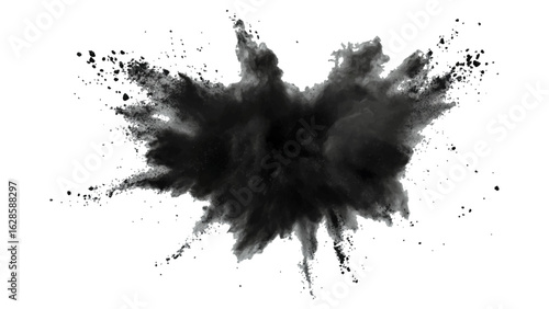 Abstract powder splatted on white background, Black vibrant paint black powder explosion with dark colors isolated white background.