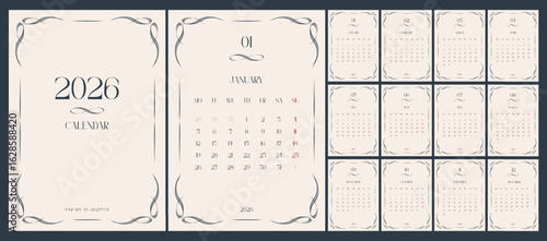 Calendar for 2026. Vertical calendar template, classic patterned design, beige and dark blue. 12 pages and cover, A4, English.