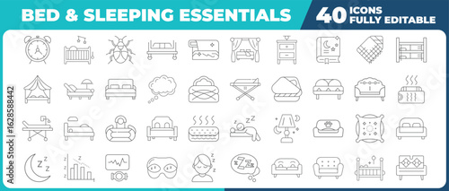 Modern thin line art of Bed and sleeping essentials line art icons set with 40 editable graphics vector
