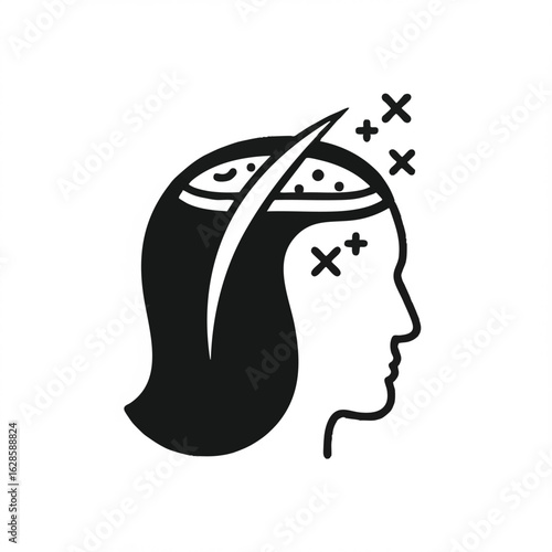 This striking monochrome vector illustration depicts a human head with an open mind, symbolizing complex thought processes, mental clarity, or perhaps a challenging headache.