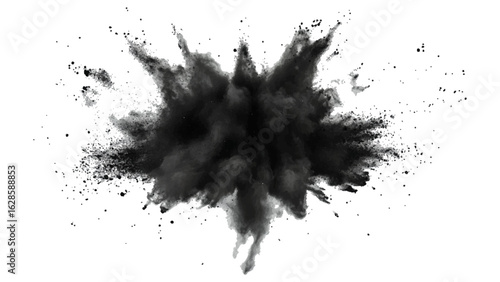 Abstract powder splatted on white background, Black vibrant paint black powder explosion with dark colors isolated white background.