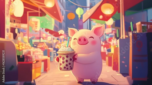 Mini pig holding bubble tea cup milk tea, drink tapioca, round chubby body, soft pink skin, sparkling kind eyes, kawaii, street food market background, 3D, pet merchandise design, greeting card.