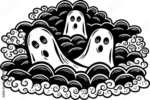 Ghostly faces appearing in a swirling mist vector illustration