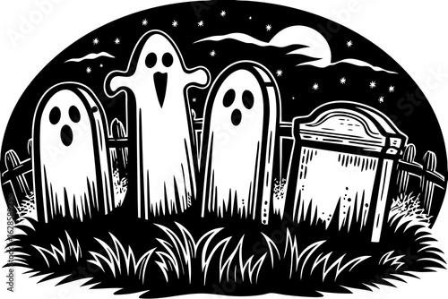 Playful ghosts peeking from behind gravestones in a cemetery vector illustration