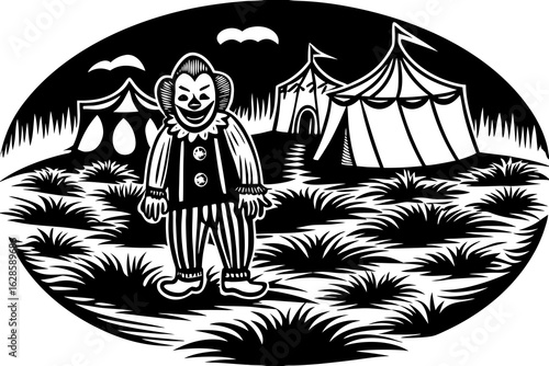 A frightening clown in the middle of an abandoned circus field vector illustration