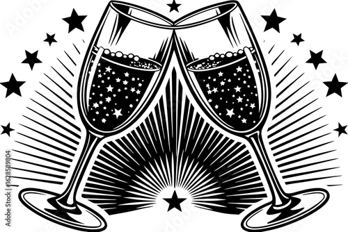 Sparkling champagne glasses clinking with a golden splash vector illustration